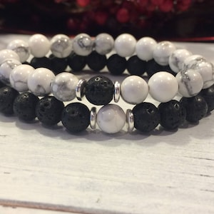 His & Hers Bracelet Set, Volcanic Lava and Howlite, Couples Bracelets, Anniversary Gift, Matching Bracelets, Couples Gift, Couples Jewelry