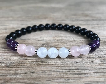 Empath Bracelet 6mm, AAA Grade Black Tourmaline, Amethyst, Rose Quartz, Moonstone Protection, Balancing Emotions, Loving Energy, Intuition
