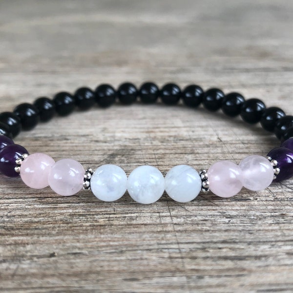 Empath Bracelet 6mm, AAA Grade Black Tourmaline, Amethyst, Rose Quartz, Moonstone Protection, Balancing Emotions, Loving Energy, Intuition