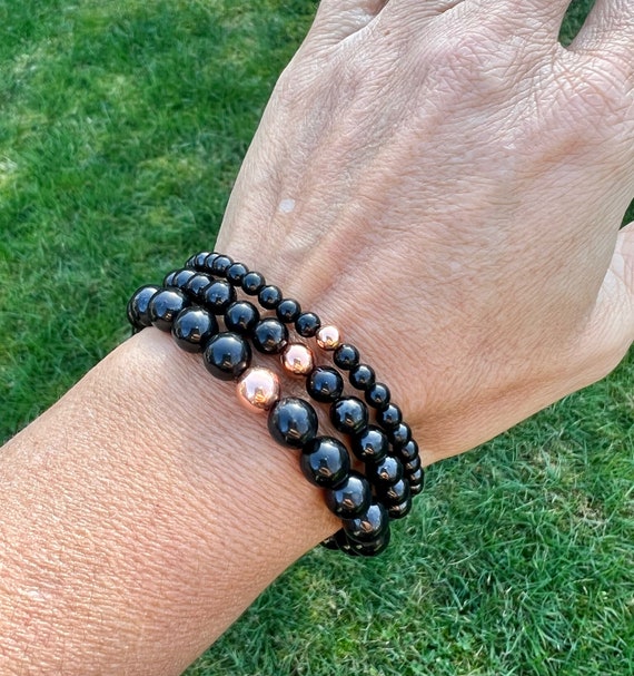 Genuine Russian Shungite + Natural Untreated Copper, Choose 4mm/6mm/8mm/10mm Beads, EMF Shield, Protection, Purifying, Stimulate Energy Flow