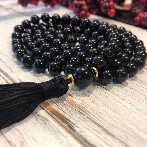 STRENGTH & DIGNITY ~Black Onyx 108 Mala Beads, Mantra Meditation, Buddhist Prayer Beads, Strength, Confidence, Protection, Focus, Grounding