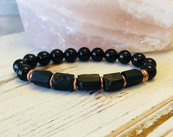Raw Black Tourmaline + AAA Black Tourmaline Bracelet, Wrist Mala, Protection, Grounding, Stress Relief, Overall Wellbeing, Root Chakra