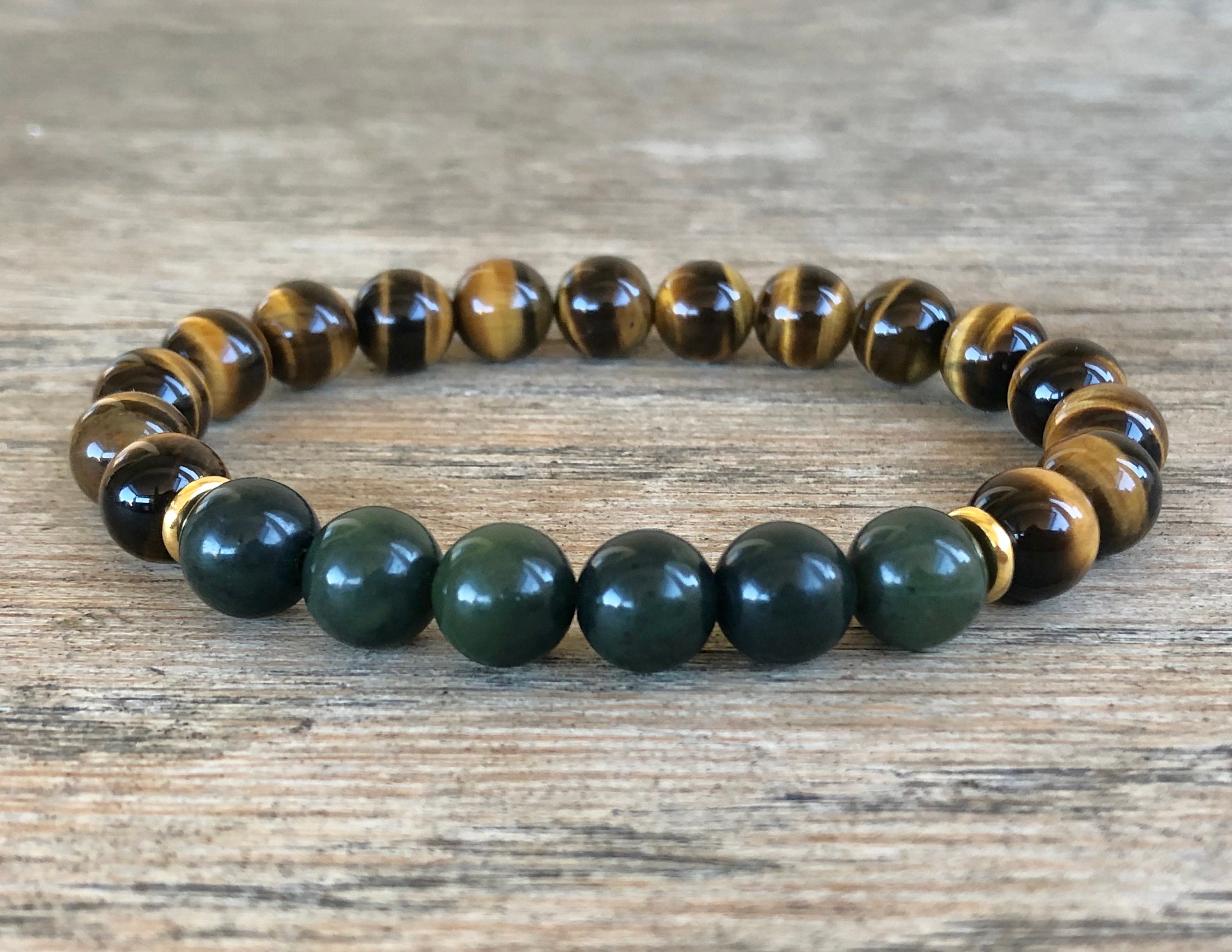 Bracciale in occhio di tigre e giada autentici di grado A, Mala