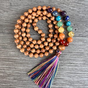 108 Aromatic Sandalwood 7 Chakra Mala Necklace, Genuine Copper Accents, Calming, Deep Relaxation, Meditation, Chakra Balancing, Alignment