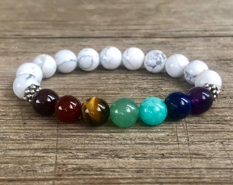 Pulsera de 7 chakras, pulsera de howlita para chakras, equilibrio energético, pulsera curativa para calmar, aliviar el estrés, meditar y vivir con plena consciencia.