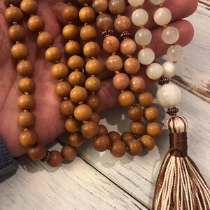 Divine Sandalwood Moonstone Mala, 108 Mala Beads, Buddhist Prayer, Meditation, Femine Energy, Goddess, Awareness Tranquility Divine Thoughts image 4