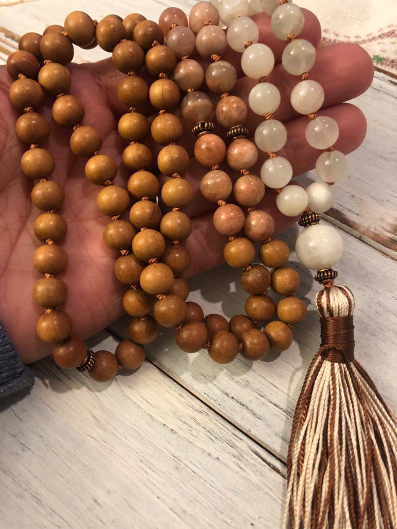 Divine Sandalwood Moonstone Mala, 108 Mala Beads, Buddhist Prayer, Meditation, Femine Energy, Goddess, Awareness Tranquility Divine Thoughts image 4