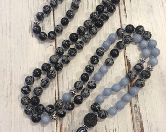 Snowflake Obsidian+Angelite 108 Knotted Mala, Meditation Beads, Buddhist Prayer Beads, Letting Go, Stress Relief, Calming, Personal Growth