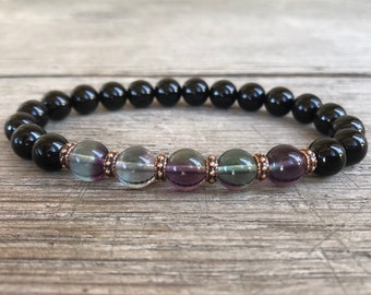 AAA Black Tourmaline + AA Fluorite Bracelet, Wrist Mala Beads for Positivity, Stress Relief, Protection, Clarity, Focus, Overall Well Being