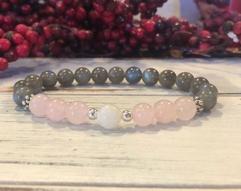 Feminine Power Energy Bracelet, Moonstone, Rose Quartz & Labradorite Wrist Mala, For Stress Relief, Protection, Loving Energy, Intuition,