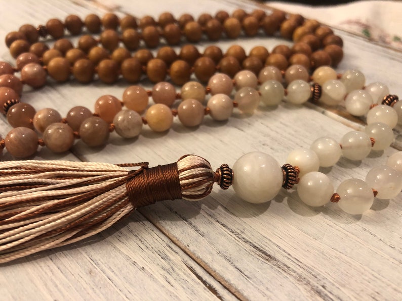 Divine Sandalwood Moonstone Mala, 108 Mala Beads, Buddhist Prayer, Meditation, Femine Energy, Goddess, Awareness Tranquility Divine Thoughts image 3