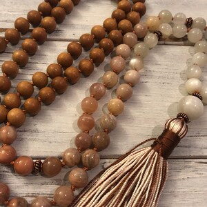 Divine Sandalwood Moonstone Mala, 108 Mala Beads, Buddhist Prayer, Meditation, Femine Energy, Goddess, Awareness Tranquility Divine Thoughts image 5