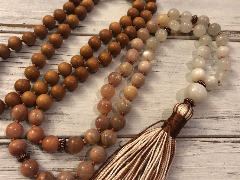 Divine Sandalwood Moonstone Mala, 108 Mala Beads, Buddhist Prayer, Meditation, Femine Energy, Goddess, Awareness Tranquility Divine Thoughts image 5