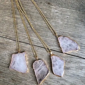 Rose Quartz Necklace, Large Pendant, Golden Stainless Steel Chain, Statement Necklace, Loving Energy, Choose Love, Heart Chakra