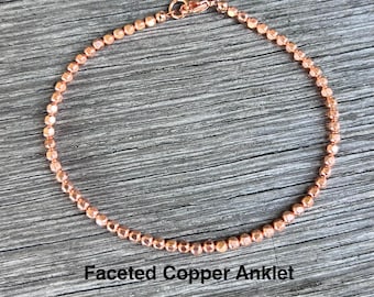 Genuine Untreated Copper Anklet, Helps Energy Flow, Grounding, Aligns Emotional & Physical Body, Choose 3/4/5mm Beads, Durable Beading Wire