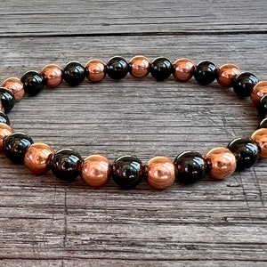 Hématite magnétique 6 mm + cuivre naturel non traité, mini bracelet empilable, améliore le flux d'énergie, mise à la terre et protection, santé et bien-être