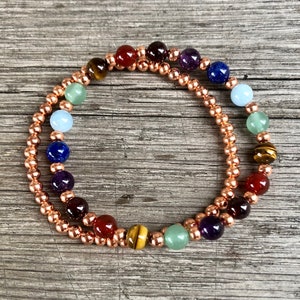 7 Chakra Bracelet, 6mm Chakra Stones + Genuine Untreated Copper, Stacking Bracelet Pair, Chakra Balancing Energy, Improve Energy Flow,