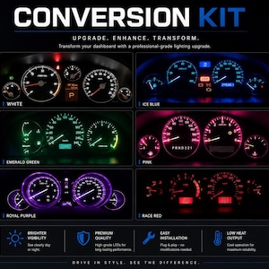 May include: A dashboard lighting conversion kit featuring six colour options: white, ice blue, emerald green, pink, royal purple, and race red. The display shows various automotive gauge clusters illuminated in these colours, with text labels for each colour and icons for brightness, quality, installation, and heat output.