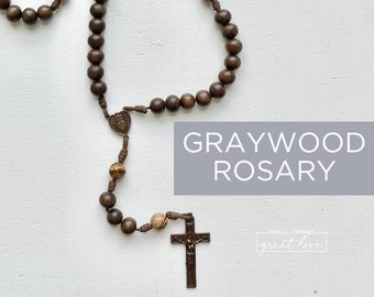 Graywood Rosary with Solid Bronze Parts – Sacred Heart Centerpiece – Radiant Crucifix – Rosary – Catholic Rosary – Miraculous Medal