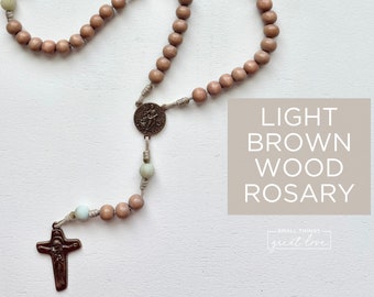 Light Brown Wood Bead Rosary with Solid Bronze Parts – Miraculous Medal Centerpiece – Sorrowful Radiant Crucifix – Rosary – Miraculous Medal