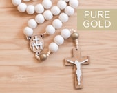 PURE GOLD Wall Rosary - White Wall Rosary - Wall Rosary - Felt Ball Rosary - Catholic Gift - Rosary - Catholic Wedding - Catholic Man