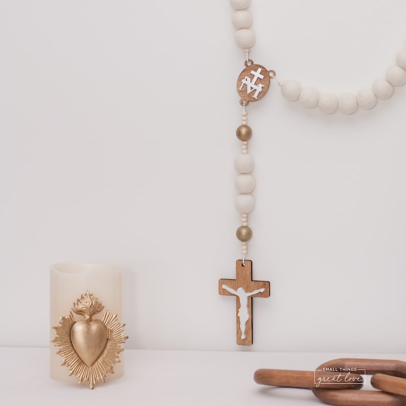 PURE GOLD Wall Rosary White Wall Rosary Wall Rosary Felt Ball Rosary Catholic Gift Rosary Catholic Wedding Catholic Man image 6