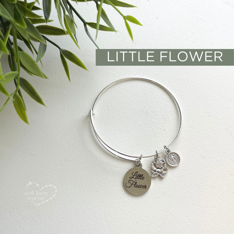 LITTLE FLOWER Bangle Catholic Bracelet Little Flower Bracelet St Therese Bangle St Therese Charm Bracelet Expandable Bangle image 2