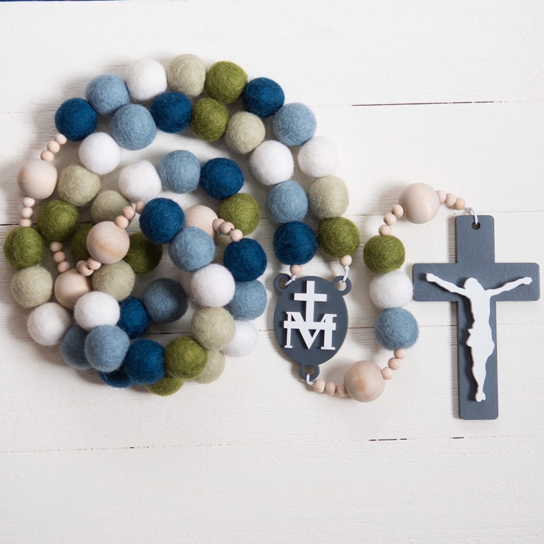 HEAVENS AND EARTH Wall Rosary Catholic Rosary Felt Ball Rosary Wall Rosary Baptism Gift Catholic Gift First Communion Rosary image 8