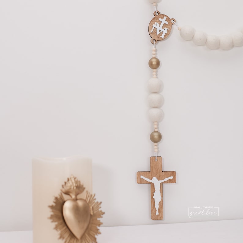 PURE GOLD Wall Rosary White Wall Rosary Wall Rosary Felt Ball Rosary Catholic Gift Rosary Catholic Wedding Catholic Man image 2