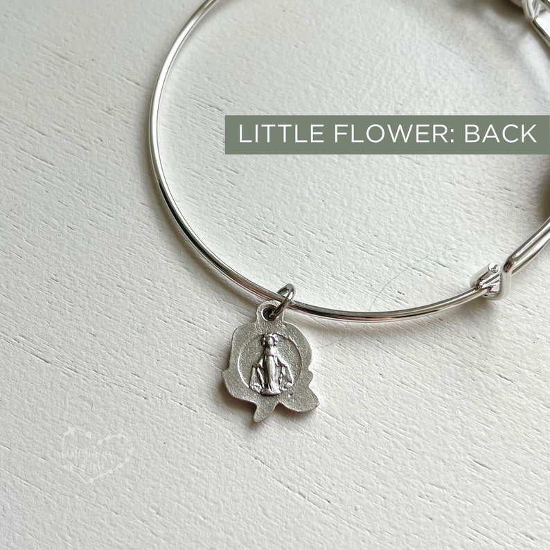 LITTLE FLOWER Bangle Catholic Bracelet Little Flower Bracelet St Therese Bangle St Therese Charm Bracelet Expandable Bangle image 3