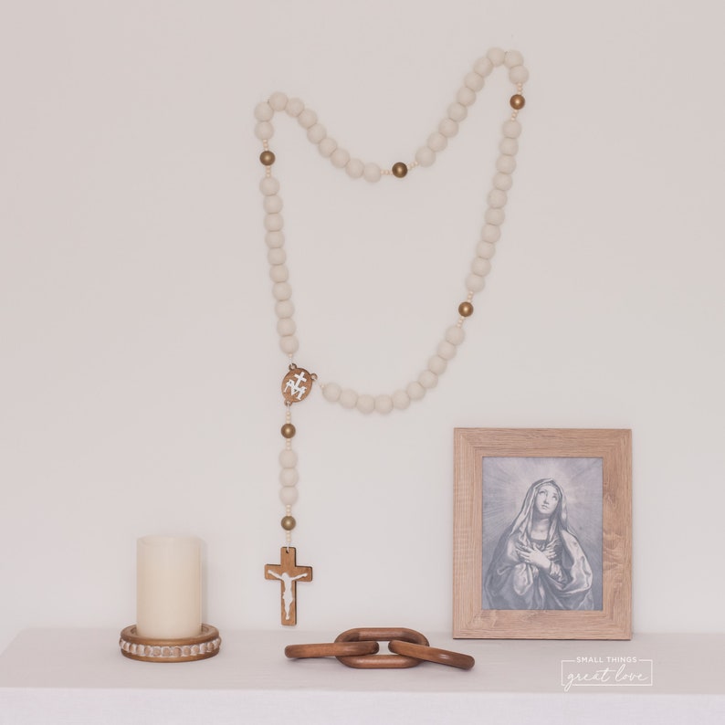 PURE GOLD Wall Rosary White Wall Rosary Wall Rosary Felt Ball Rosary Catholic Gift Rosary Catholic Wedding Catholic Man image 3