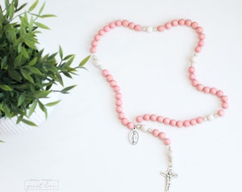 JOY Wood Bead Rosary - Peachy Pink Rosary - Catholic Rosary - Rosary - Wood Bead Rosary - Confirmation Gift - Catholic - First Communion