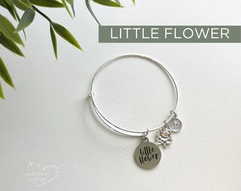 LITTLE FLOWER Bangle - Catholic Bracelet - Little Flower Bracelet - St Therese Bangle - St Therese Charm Bracelet - Expandable Bangle