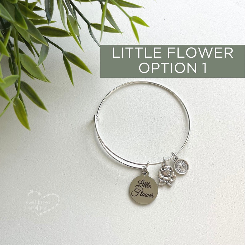 LITTLE FLOWER Bangle Catholic Bracelet Little Flower Bracelet St Therese Bangle St Therese Charm Bracelet Expandable Bangle image 4