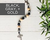BLACK, GRAY, and GOLD Single Decade Rosary with Clasp - Catholic Rosary  - Wood Bead Rosary - Confirmation Gift - Catholic Gift
