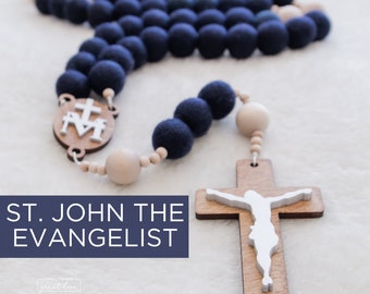 ST. JOHN the EVANGELIST Wall Rosary - Catholic Rosary - Felt Ball Rosary - Dark Navy Rosary - Baptism Gift - Catholic Gift - Wedding Rosary