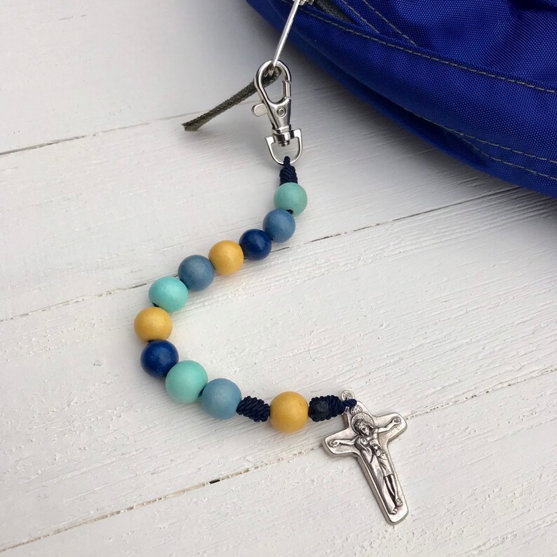 BLUES AND YELLOW Wood Bead Single Decade Rosary with Clasp Catholic Rosary Wood Bead Rosary Confirmation Gift Catholic Gift image 2
