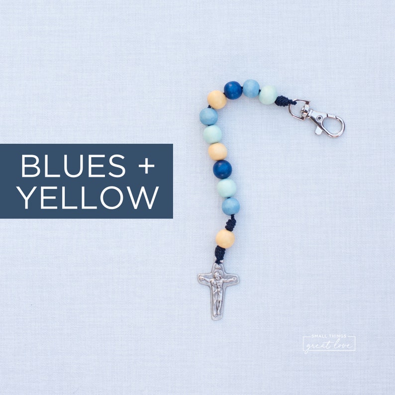 BLUES AND YELLOW Wood Bead Single Decade Rosary with Clasp Catholic Rosary Wood Bead Rosary Confirmation Gift Catholic Gift image 1