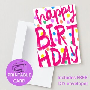 Happy Birthday Card – Pink with Rainbow Confetti – Printable 5x7 Greeting Card – Instant Download