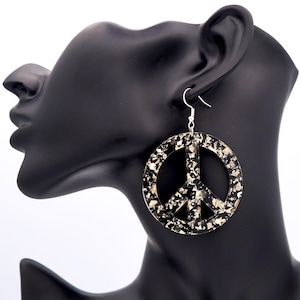 Peace Symbol Earrings, Gold Glitter Earrings, Retro Earrings, Boho Earrings, 60s earrings, Groovy Earrings, Vintage Earrings, 70s Earrings
