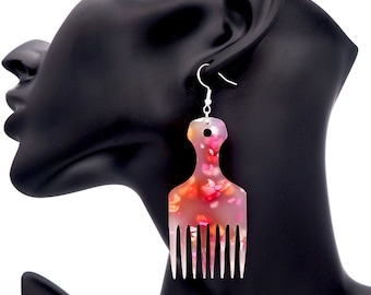 Afro Pick Earrings, Pink Dahlia earrings, Retro Earrings, Hair Comb earrings, Natural Hair Earrings, Hair Pick Earrings, Floral Earrings