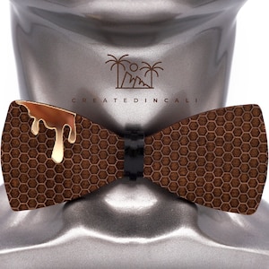 Honey Wooden Bowtie , Unique Tie, gift for Groom, Best Man Tie, wooden Engraved Bowtie, Anniversary Gift for Him, Son Gift