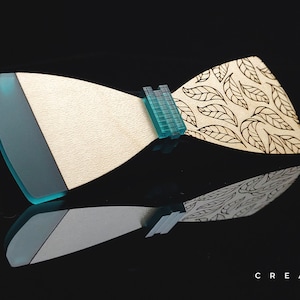 Teal Leaf Pattern Bowtie, Unique Wooden Bowtie, Tie for Groom, Wedding Necktie, Gift for Him, Men&#39;s Bowtie, Fathers Day Gift, Wood Tie