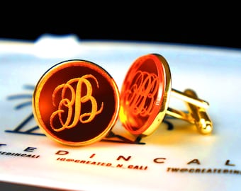 Custom Mirrored Cufflinks with Initials, Engraved Anniversary Gift, Fathers Day Gift, Groom Gift, Wedding Gift for Him,  Orange Cufflinks