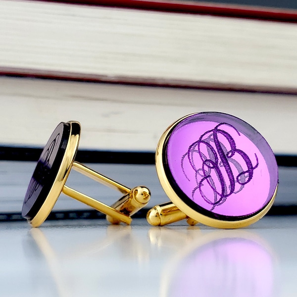 Custom Purple Cufflinks, Personalized Cuff Links, Groomsmen Gift, Engraved Cuff Links, Purple Cufflinks