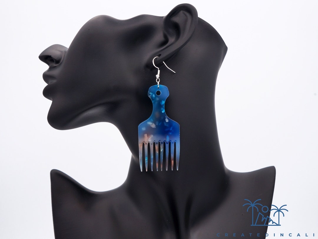 Afro Pick Earrings, Blue Hydrangea Earrings, Retro Earrings, Hair Comb ...