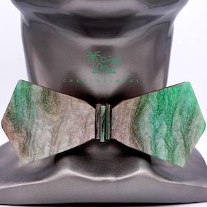 Green and Brown Galaxy tie, Unique Bowtie, Womens Bowtie, Mens Bowtie, Green Bowtie, Wood Bowtie, Space Tie, Gift for Groom, Glitter Tie