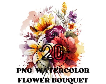 Watercolor flower bouquet, Flower bouquet PNG digital clipart, Flowers bundle illustrations, Instant Download, Commercial Use