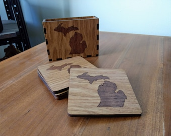 Michigan Solid Wood Coaster set and Holder