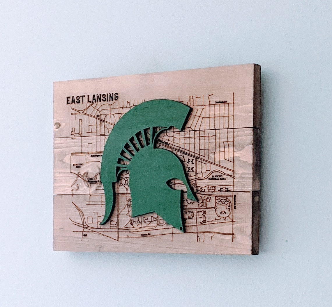 Michigan State University Engraved Map Wall Hanging Officially Etsy